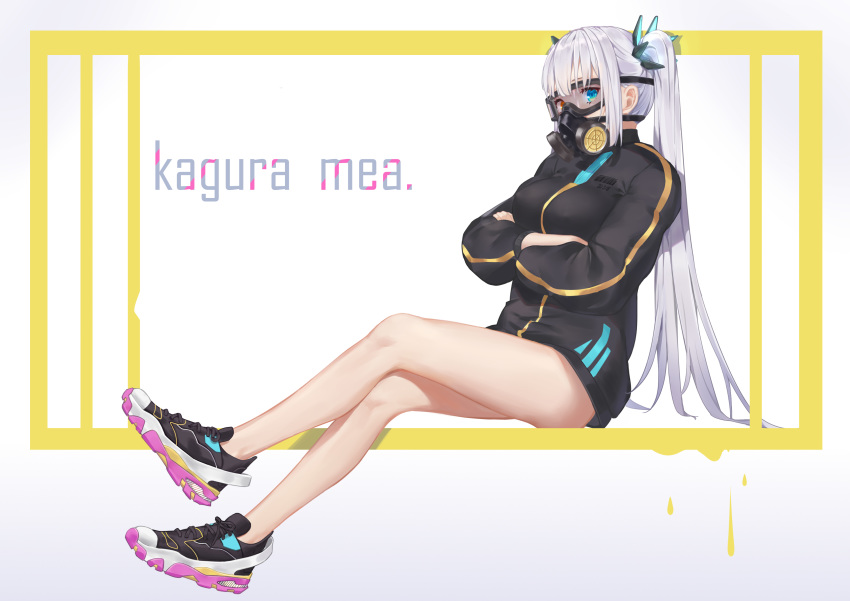 1girl, 592683801, absurdres, alternate_costume, bangs, barcode, bare_legs, black_jacket, blue_eyes, breasts, character_name, crossed_arms, crossed_legs, full_body, gas_mask, heterochromia, highres, jacket, kagura_mea, kagura_mea_channel, large_breasts, legs, long_hair, long_sleeves, looking_at_viewer, red_eyes, shoes, silver_hair, sitting, sneakers, solo, twintails, very_long_hair, virtual_youtuber, visor