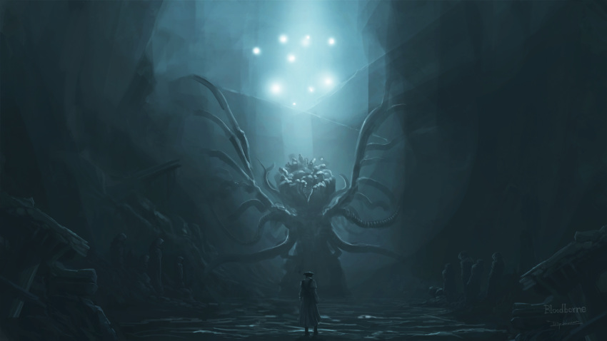 1other, alien, ambiguous_gender, artist_name, bloodborne, boots, brown_gloves, cave