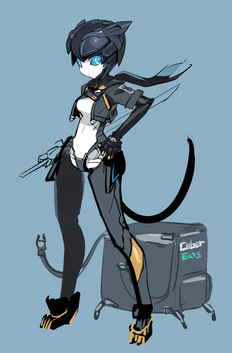 1girl, blue_background, blue_eyes, hand_on_hip, highres, looking_back, original, robot
