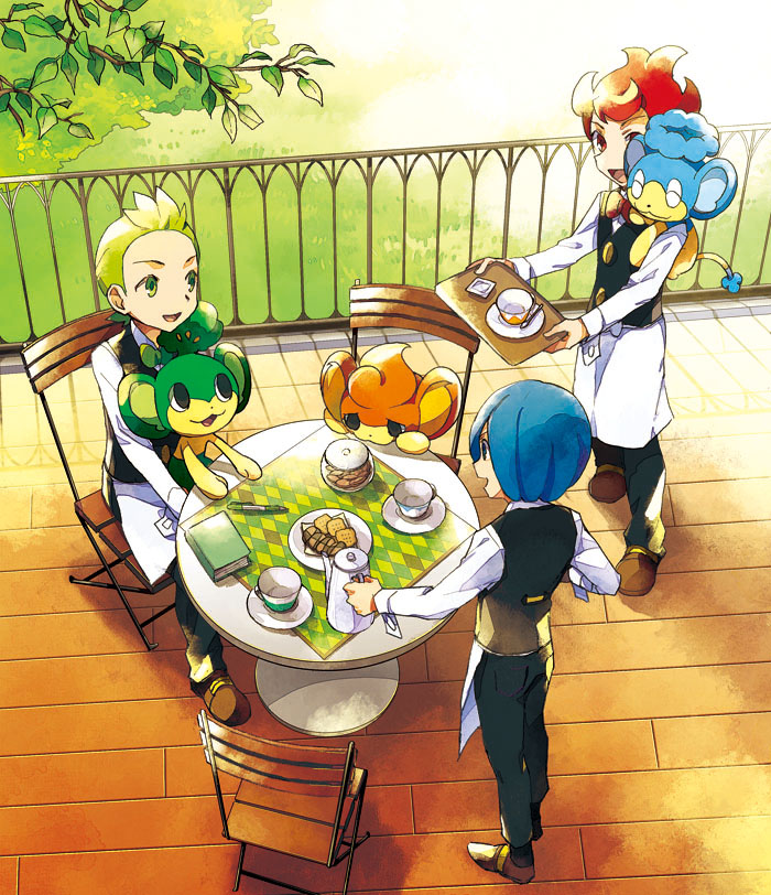 3boys, apron, biscuit_(bread), blue_hair, book, brown_footwear, chair, chili_(pokemon), cilan_(pokemon), commentary_request, cress_(pokemon), cup, gen_5_pokemon, graphite_(medium), green_eyes, green_hair, holding, holding_tray, kurochiroko, long_sleeves, multiple_boys, on_chair, on_lap, on_shoulder, open_mouth, panpour, pansage, pansear, pants, pokemon, pokemon_(creature), pokemon_(game), pokemon_bw, pokemon_on_lap, pokemon_on_shoulder, redhead, saucer, shoes, table, tongue, traditional_media, tray, unova_monkeys, vest, waist_apron