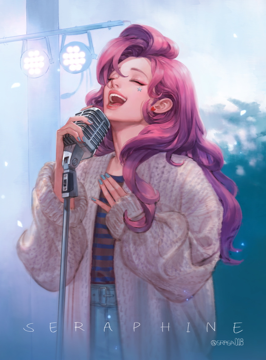 1girl, absurdres, blue_nails, blurry, breasts, cardigan, character_name, cowboy_shot, denim, earrings, eyelashes, eyeliner, facial_mark, hair_between_eyes, hand_on_own_chest, heart, heart_earrings, highres, holding, holding_microphone_stand, jewelry, k/da_(league_of_legends), league_of_legends, long_hair, long_sleeves, makeup, mascara, microphone, microphone_stand, music, nail_polish, open_cardigan, open_clothes, open_mouth, pink_hair, purple_hair, seraphine_(league_of_legends), shirt, singing, sleeves_past_wrists, solo, srasa, stage_lights, star_(symbol), striped, striped_shirt, teeth, wavy_hair