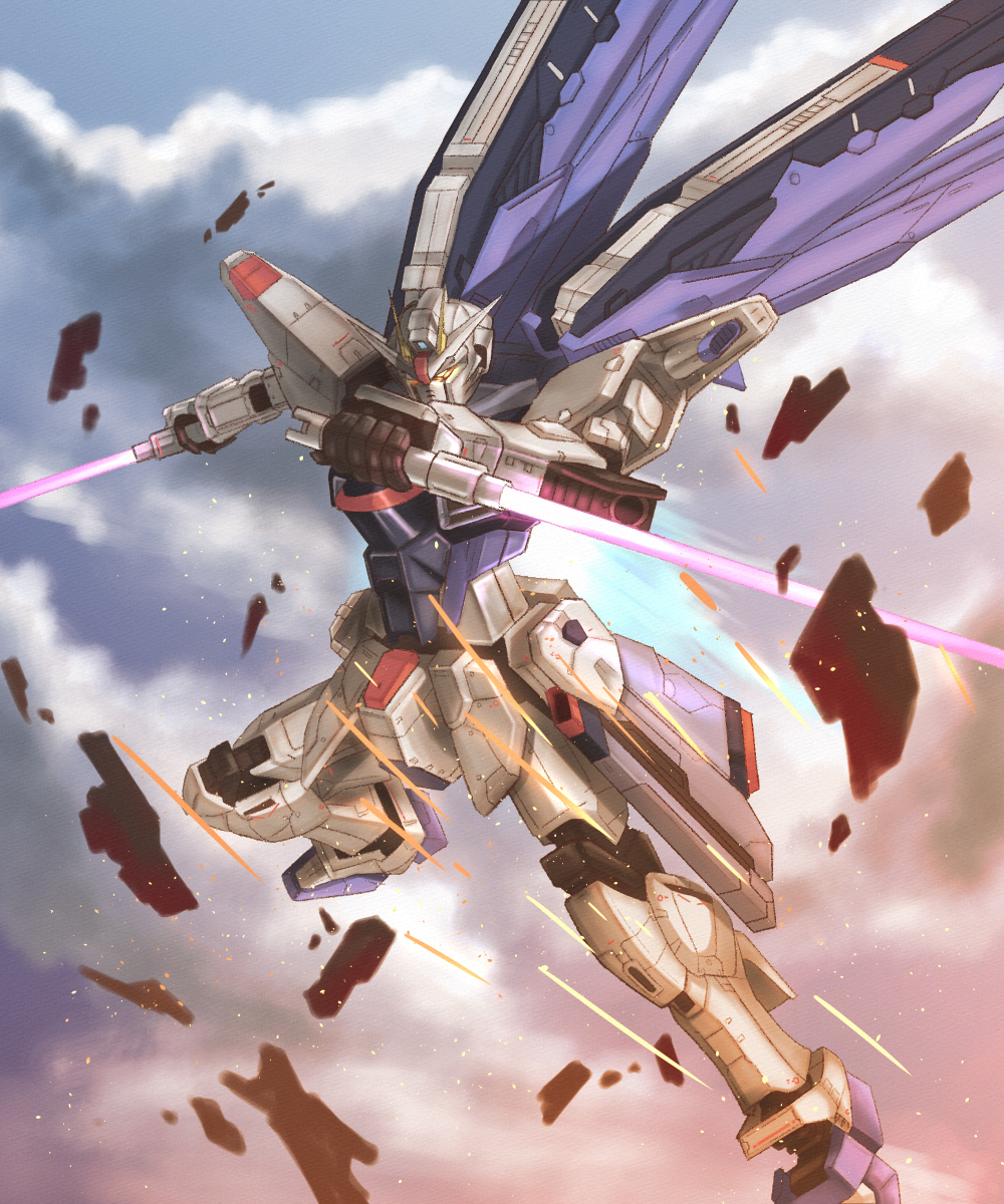 beam_saber, dual_wielding, flying, freedom_gundam, glowing, glowing_eyes, gundam, gundam_seed