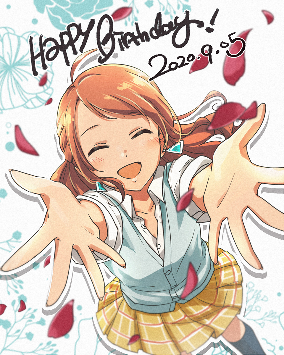1girl, arms_up, blush, closed_eyes, earrings, happy_birthday, highres, houjou_karen