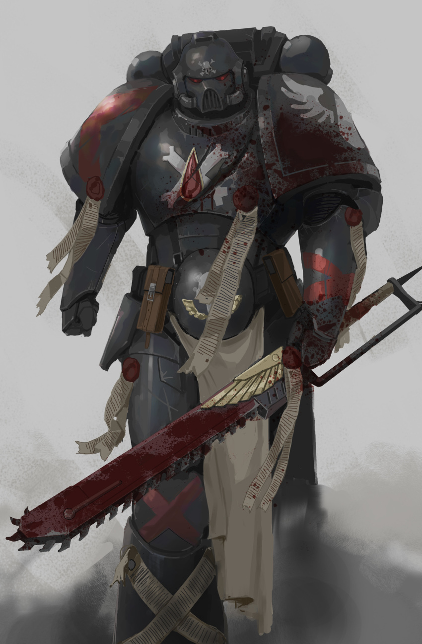 1boy, absurdres, armor, black_armour, blood, blood_angels, bloody_clothes, bloody_weapon, breastplate, commentary_request, death_company, full_armor, gauntlets, helmet, highres, holding, holding_sword, holding_weapon, leg_armor, looking_at_viewer, nn128841, pouch, power_armor, red_visor, science_fiction, solo, space_marines, sword, warhammer_40k, weapon