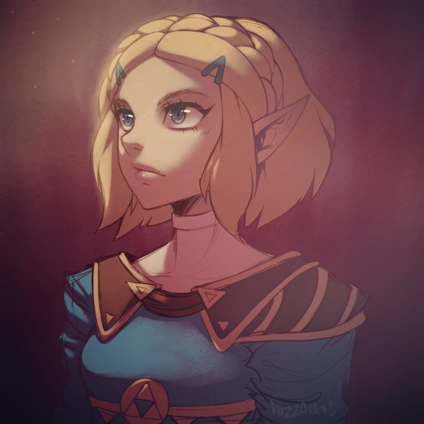 1girl, bangs, blonde_hair, blue_eyes, blue_tunic, braid, breasts, commentary