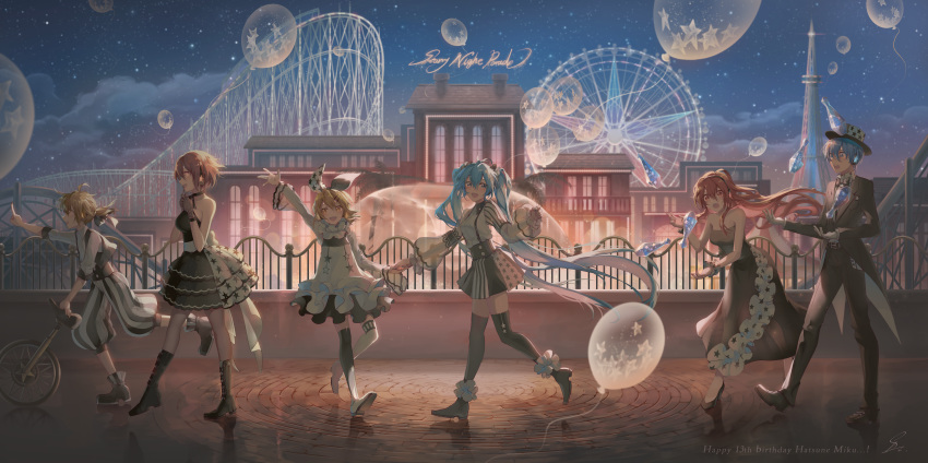 2boys, 4girls, absurdres, balloon, bangs, bare_shoulders, black_dress, black_footwear