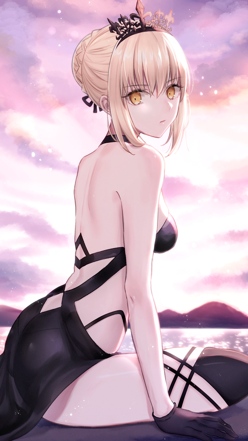 1girl, artoria_pendragon_(all), artoria_pendragon_(swimsuit_rider_alter), back, backlighting, bangs, bare_shoulders, black_dress