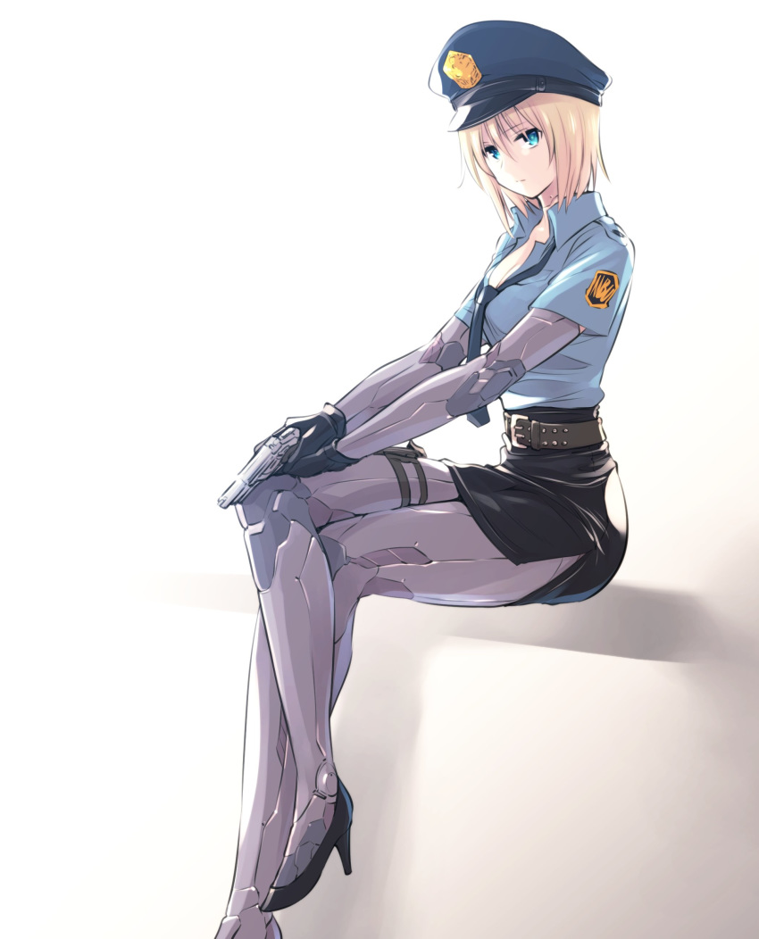 1girl, absurdres, android, blonde_hair, blue_eyes, gun, handgun, highres