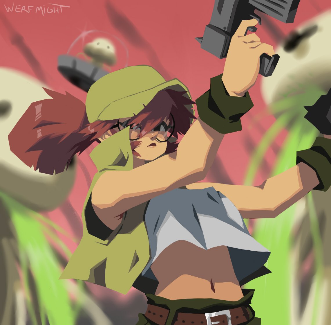 1girl, brown_eyes, brown_hair, crop_top, dual_wielding, fio_germi, glasses, gun, holding, holding_gun, holding_weapon, looking_to_the_side, metal_slug, midriff, navel, solo, weapon, werfmight
