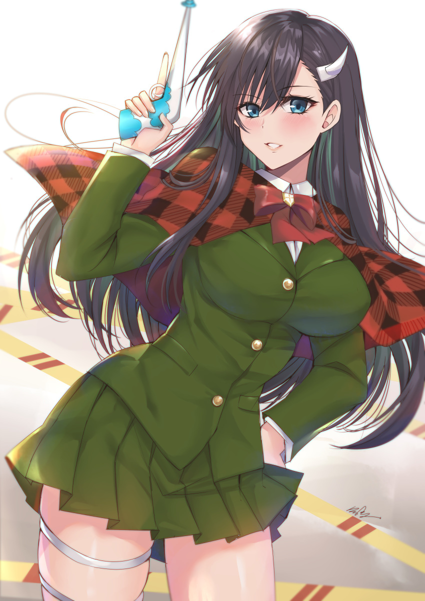 1girl, absurdres, black_hair, blue_eyes, blush, breasts, burn_the_witch, cowboy_shot