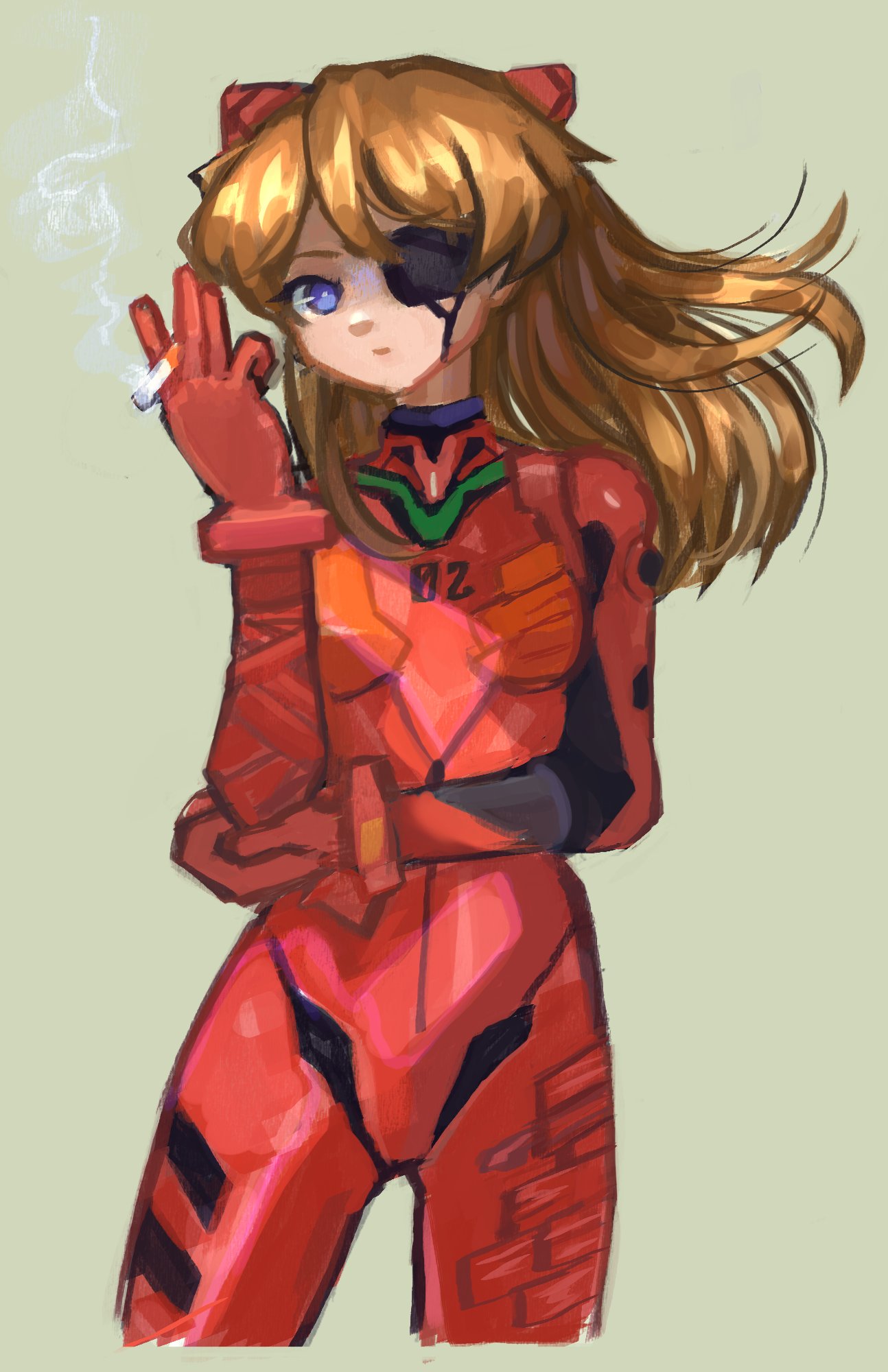 1girl, blue_eyes, bodysuit, brown_hair, cigarette, commission, english_commentary, evangelion:_3.0_you_can_(not)_redo