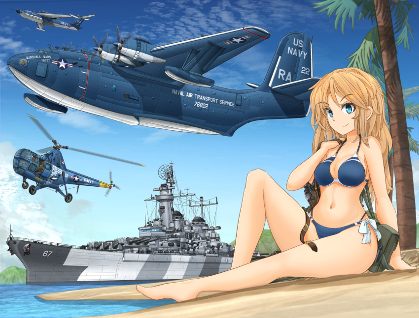 1girl, aircraft, airplane, battleship, bikini, blonde_hair, blue_bikini, blue_eyes, blue_sky, breasts, cannon, day, flying_boat, helicopter, highres, large_breasts, long_hair, mikeran_(mikelan), military, military_vehicle, navel, original, outdoors, palm_tree, ship, side-tie_bikini, sitting, sky, smile, solo, swimsuit, tree, turret, united_states_navy, uss_montana_(bb-67), warship, watercraft