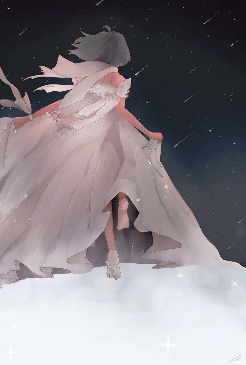 1girl, cinderella, cinderella_(grimm), cinderella_(grimm)_(cosplay), cosplay, dress, from_behind, green_hair, high_heels, highres, holding, holding_shoes, macross, macross_frontier, osatsu_a, ranka_lee, running, shoes, short_hair, solo, white_dress