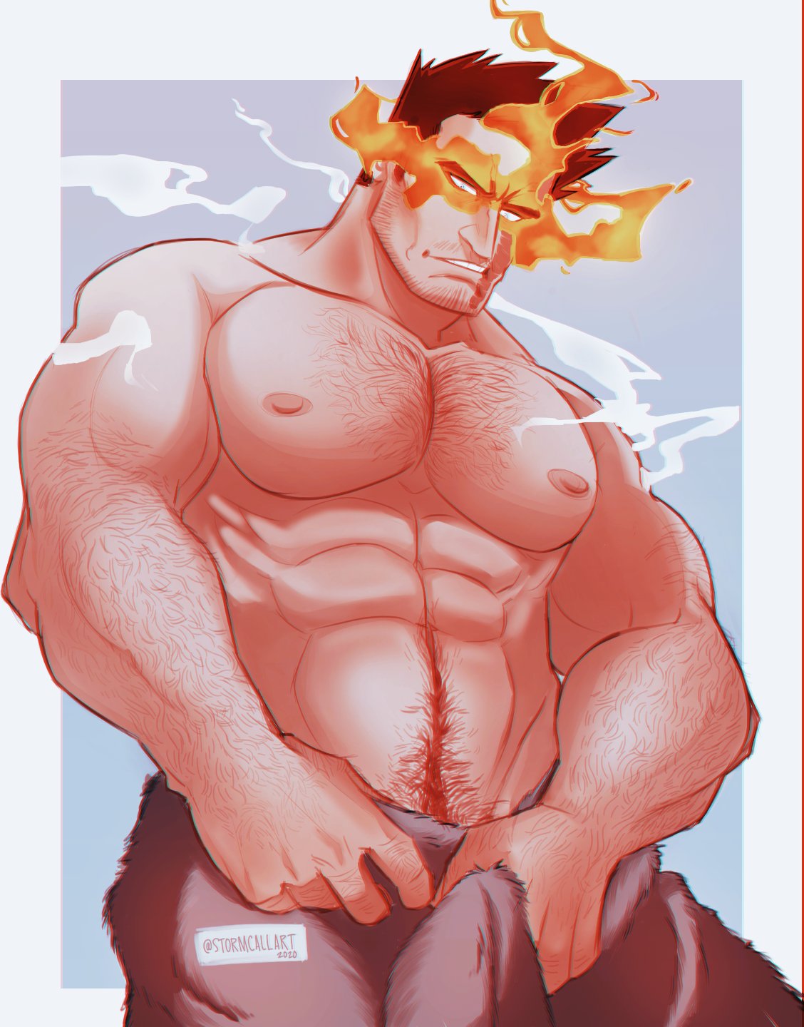 1boy, abs, bara, blue_eyes, body_hair, boku_no_hero_academia, chest, facial_hair