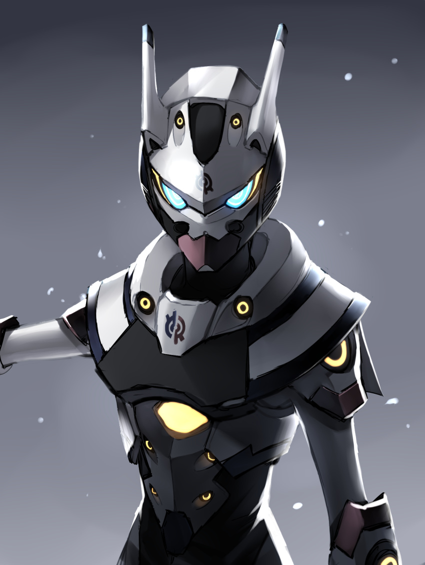 1girl, blue_eyes, close-up, glowing, glowing_eyes, grey_background, hero-san_to_moto_onna_kanbu-san, highres, looking_at_viewer, outstretched_arm, power_armor, rapid_rabbit, solo, somechime_(sometime1209), tokusatsu