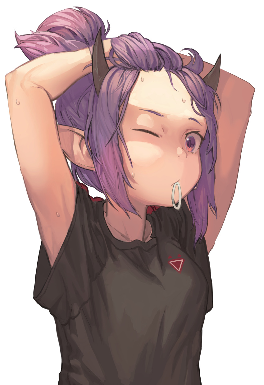 1girl, absurdres, arknights, arms_up, black_shirt, commentary, forehead, hair_tie_in_mouth
