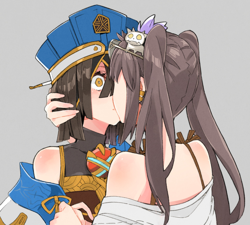 2girls, bare_shoulders, black_gloves, black_hair, blue_headwear, blush, breasts, brown_hair, chinese_clothes, consort_yu_(fate), earrings, fate/grand_order, fate_(series), fingerless_gloves, gem, gloves, grey_background, hair_between_eyes, hair_ornament, hair_over_one_eye, hair_stick, highres, holding_hands, jewelry, kiss, long_sleeves, looking_to_the_side, medium_hair, mole, mole_under_eye, multiple_girls, naosuke_(morioka_shachuu), simple_background, small_breasts, straight_hair, surprise_kiss, surprised, tassel, twintails, upper_body, wide_sleeves, xu_fu_(fate), yellow_eyes, yu_miaoyi_(swimsuit_lancer), yuri