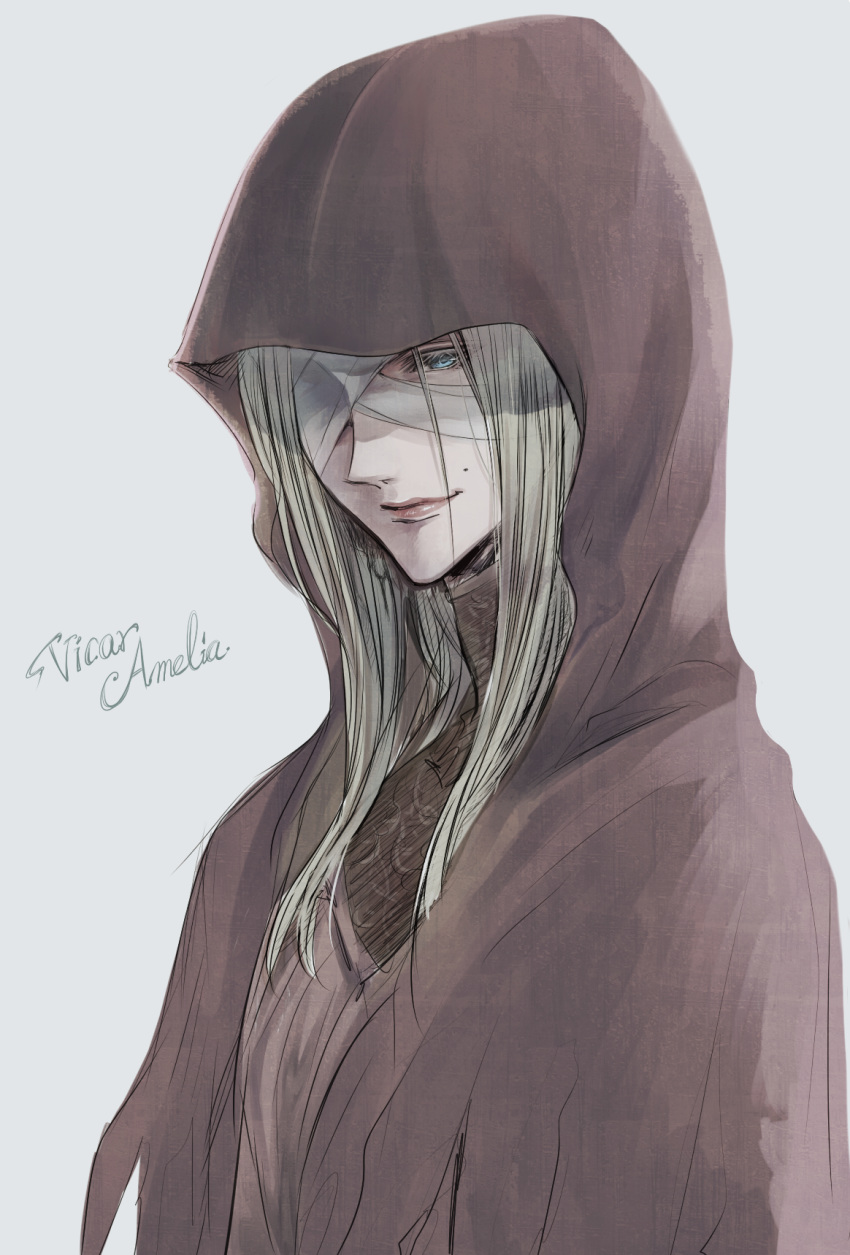 1girl, bandaged_head, bandages, blonde_hair, bloodborne, brown_cloak, character_name, cloak