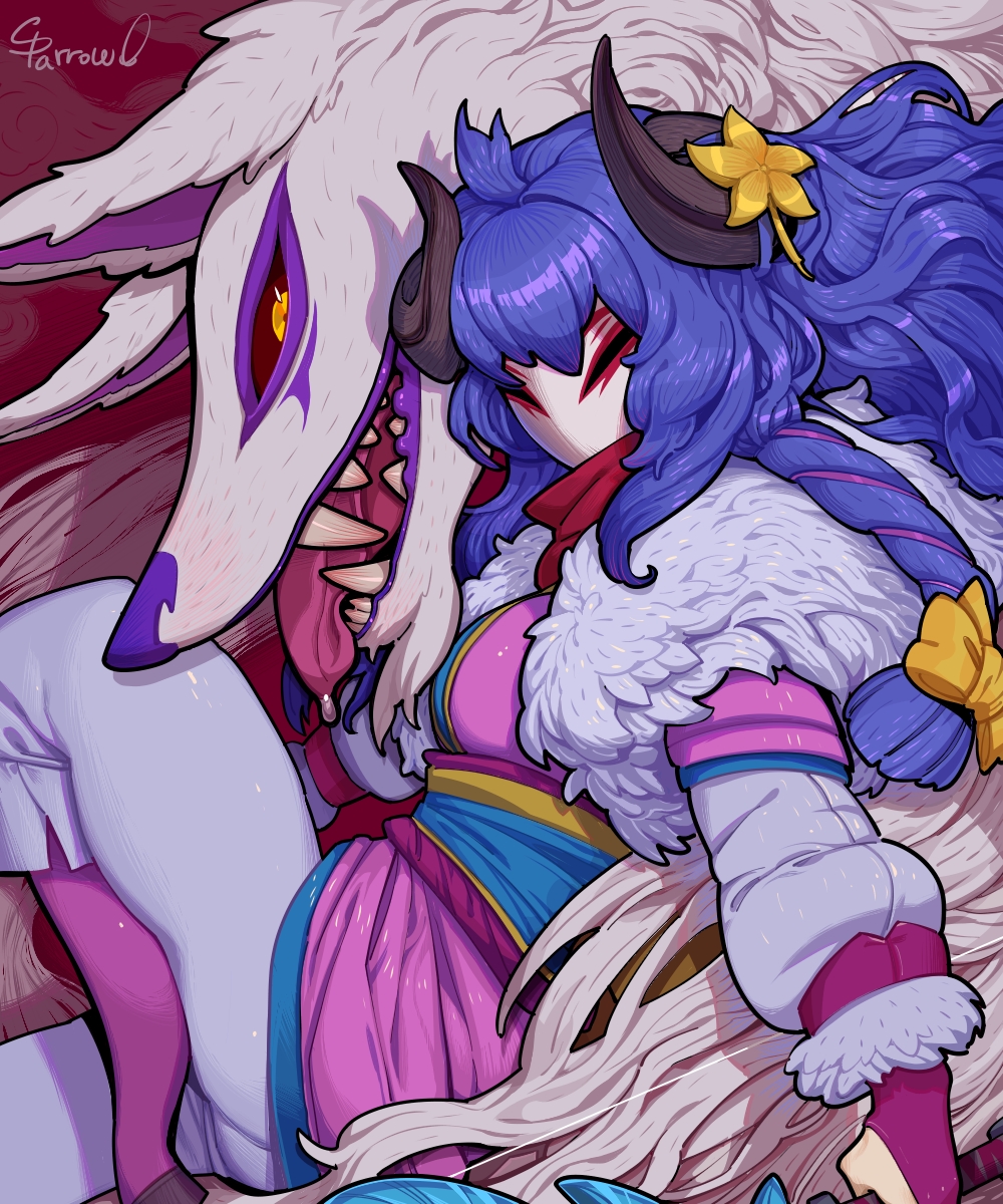 1girl, alternate_costume, alternate_hair_color, alternate_hairstyle, blue_hair, curled_horns, flower, fur, goat_legs, hair_between_eyes, hair_flower, hair_ornament, highres, horns, japanese_clothes, kindred, lamb_(league_of_legends), league_of_legends, long_hair, mask, sparrowl, spirit, spirit_blossom_kindred, teeth, tongue, tongue_out, white_fur, wolf, wolf_(league_of_legends), yellow_eyes
