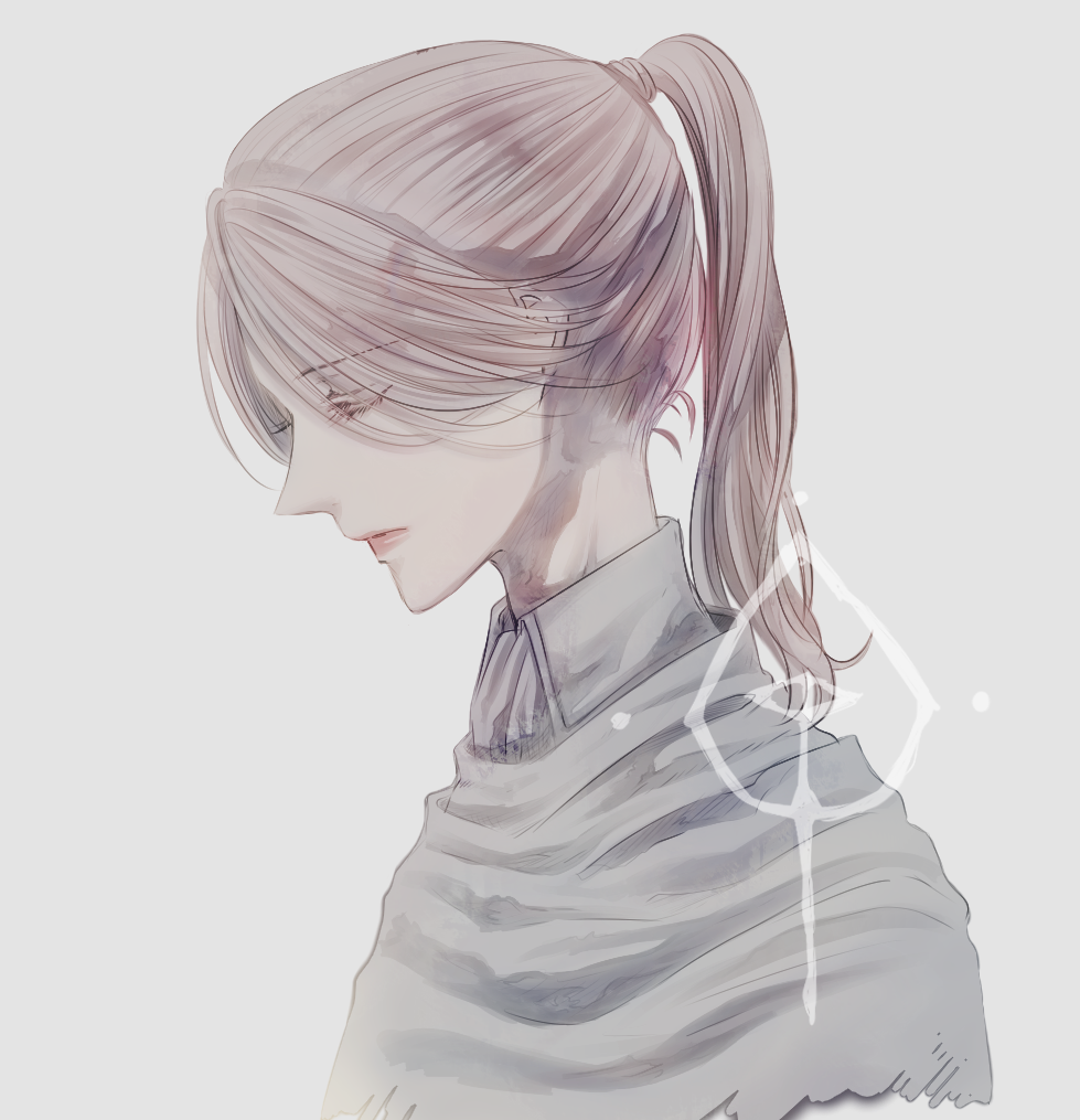 1girl, bangs, bloodborne, closed_eyes, closed_mouth, cropped_shoulders, eyebrows_visible_through_hair, from_side