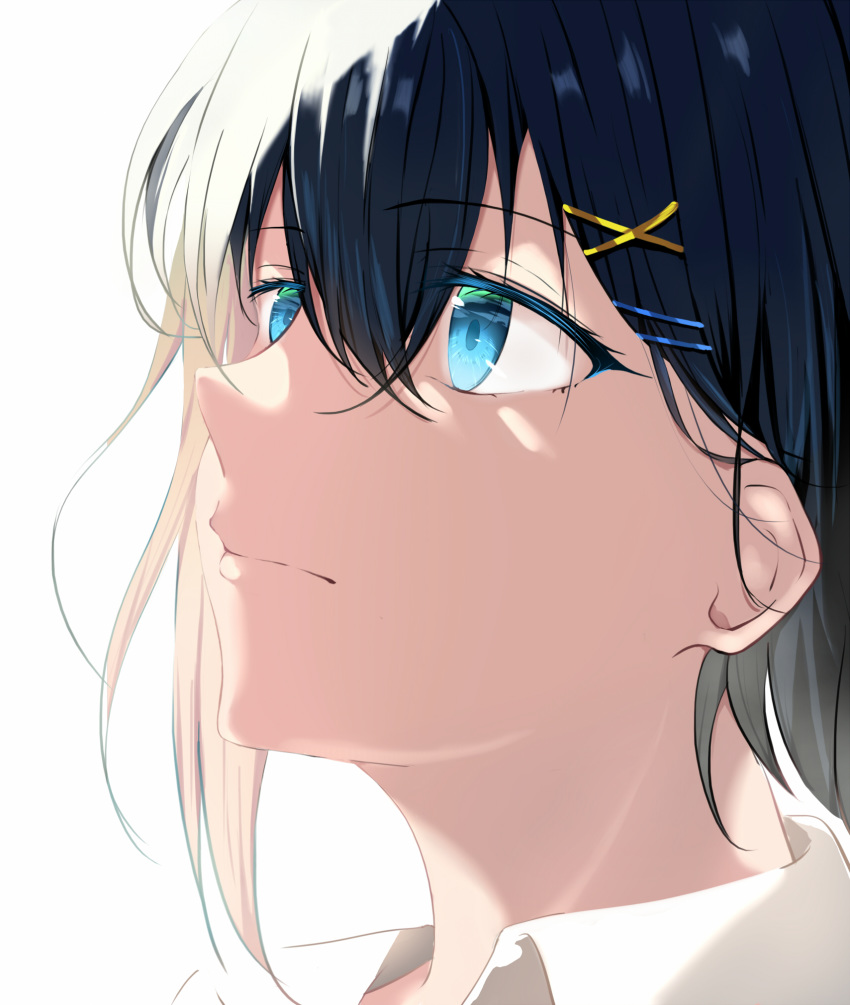 1girl, androgynous, bangs, black_hair, blue_eyes, close-up, closed_mouth, eyelashes