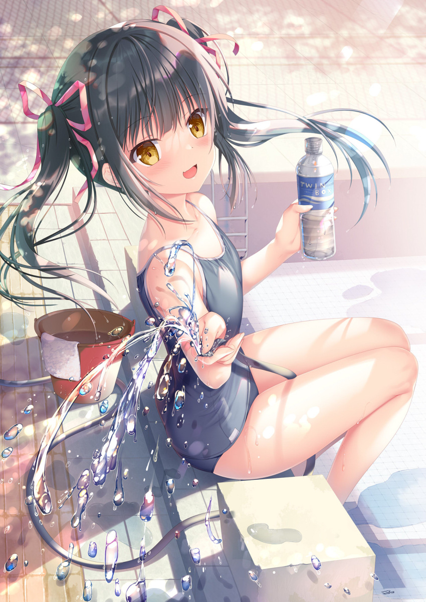 1girl, :d, bangs, bare_legs, between_thighs, black_hair, black_swimsuit, blunt_bangs