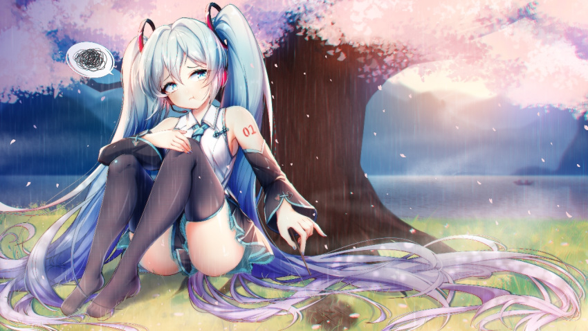 1girl, :t, absurdly_long_hair, aqua_eyes, aqua_hair, aqua_neckwear, arm_rest, arm_tattoo, bangs, bare_shoulders, between_legs, black_legwear, black_skirt, blue_hair, branch, cherry_blossoms, closed_mouth, detached_sleeves, glowing, gradient_hair, grass, hair_between_eyes, hair_ornament, hand_on_own_knee, hatsune_miku, hatsune_miku_(vocaloid4)_(chinese), headphones, headset, holding, holding_branch, knees_up, lake, long_hair, looking_away, miniskirt, mountainous_horizon, multicolored_hair, nail_polish, nature, necktie, no_shoes, number, on_ground, outdoors, petals, pleated_skirt, pouch, purple_hair, rain, see-through, shirt, sideways_glance, sitting, skindentation, skirt, solo, spoken_squiggle, squiggle, tattoo, thigh-highs, toggles, tree, twintails, under_tree, very_long_hair, vocaloid, white_shirt, yuri_to_hizakura