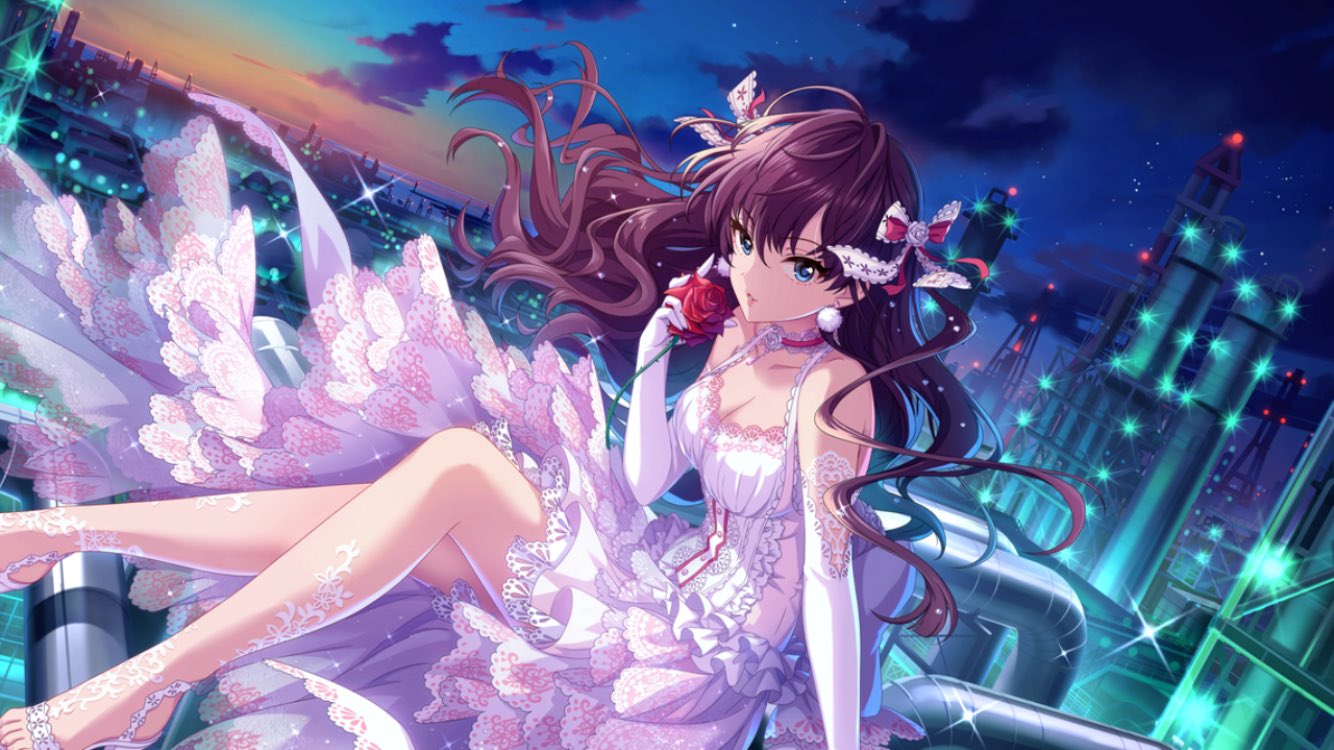 1girl, bow, brown_hair, choker, clouds, commentary_request, dress, dusk, dutch_angle, earrings, elbow_gloves, eyebrows_visible_through_hair, flower, gloves, hair_bow, ichinose_shiki, idolmaster, idolmaster_cinderella_girls, jewelry, lace, lace-trimmed_dress, lace-trimmed_legwear, lights, long_hair, looking_at_viewer, night, night_sky, nigou, oil_refinery, piping, rose, sitting, sky, solo, star_(sky), white_dress