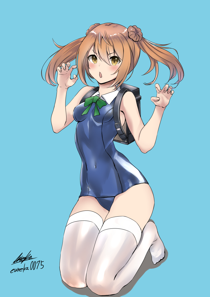 1girl, backpack, bag, blue_background, blue_swimsuit, chestnut_mouth, commentary_request, curled_fingers