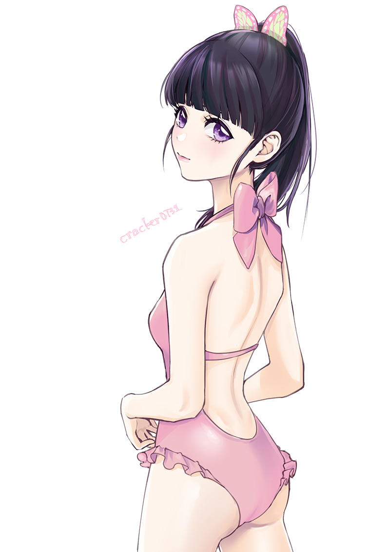 1girl, ass, backless_swimsuit, bangs, black_hair, blunt_bangs, bow, butterfly_hair_ornament