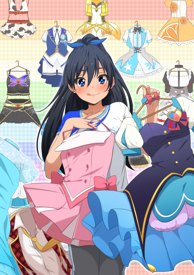 1girl, :q, bangs, black_hair, blue_bow, blue_eyes, blush, bow