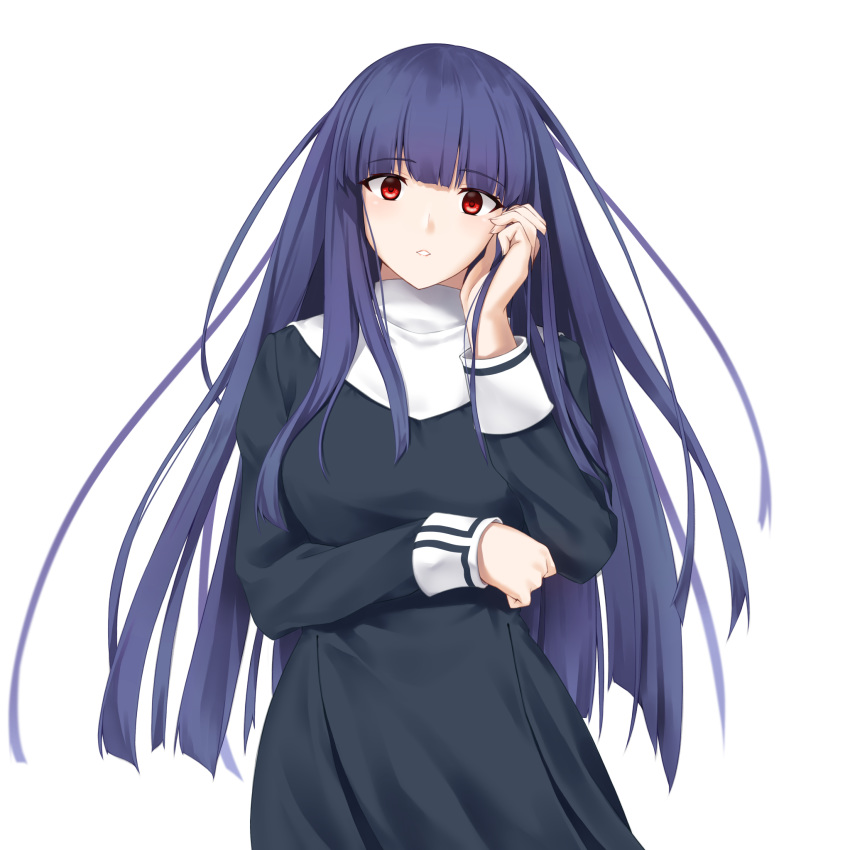 1girl, asagami_fujino, bangs, black_dress, blue_hair, blunt_bangs, dress, enchuu_kakiemon, eyebrows_visible_through_hair, floating_hair, highres, holding, holding_hair, kara_no_kyoukai, long_hair, long_sleeves, looking_at_viewer, nun, parted_lips, red_eyes, solo, straight_hair, very_long_hair