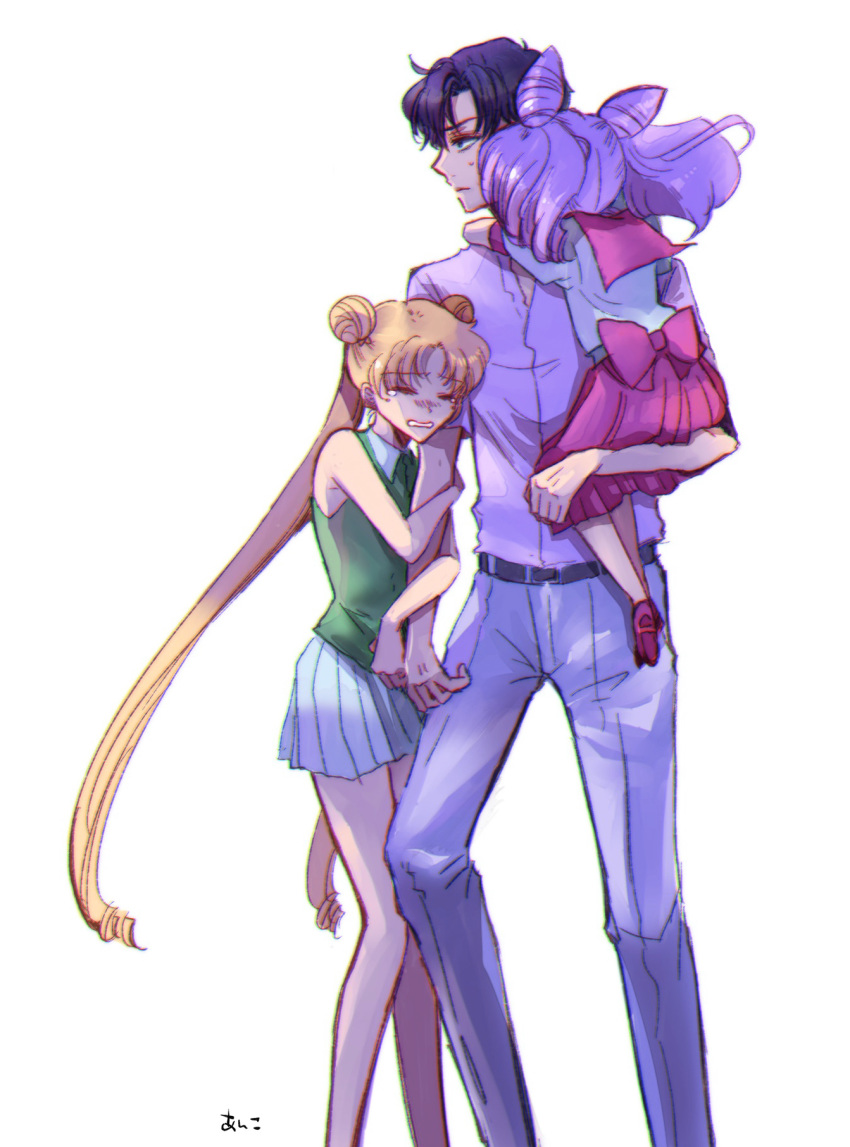 1boy, 2girls, annoyed, back_bow, bangs, bishoujo_senshi_sailor_moon, black_hair, blonde_hair, bow, carrying, chiba_mamoru, chibi_usa, clenched_teeth, closed_eyes, collared_shirt, dolcexxx, double_bun, dress_shirt, eyebrows_visible_through_hair, floating_hair, green_shirt, grey_pants, highres, long_hair, miniskirt, multiple_girls, pants, pink_bow, pink_sailor_collar, pink_skirt, pleated_skirt, profile, purple_hair, sailor_collar, sailor_shirt, school_uniform, serafuku, shiny, shiny_hair, shirt, simple_background, skirt, sleeveless, sleeveless_shirt, sweatdrop, tears, teeth, tsukino_usagi, twintails, very_long_hair, wavy_mouth, white_background, white_shirt, white_skirt, wing_collar