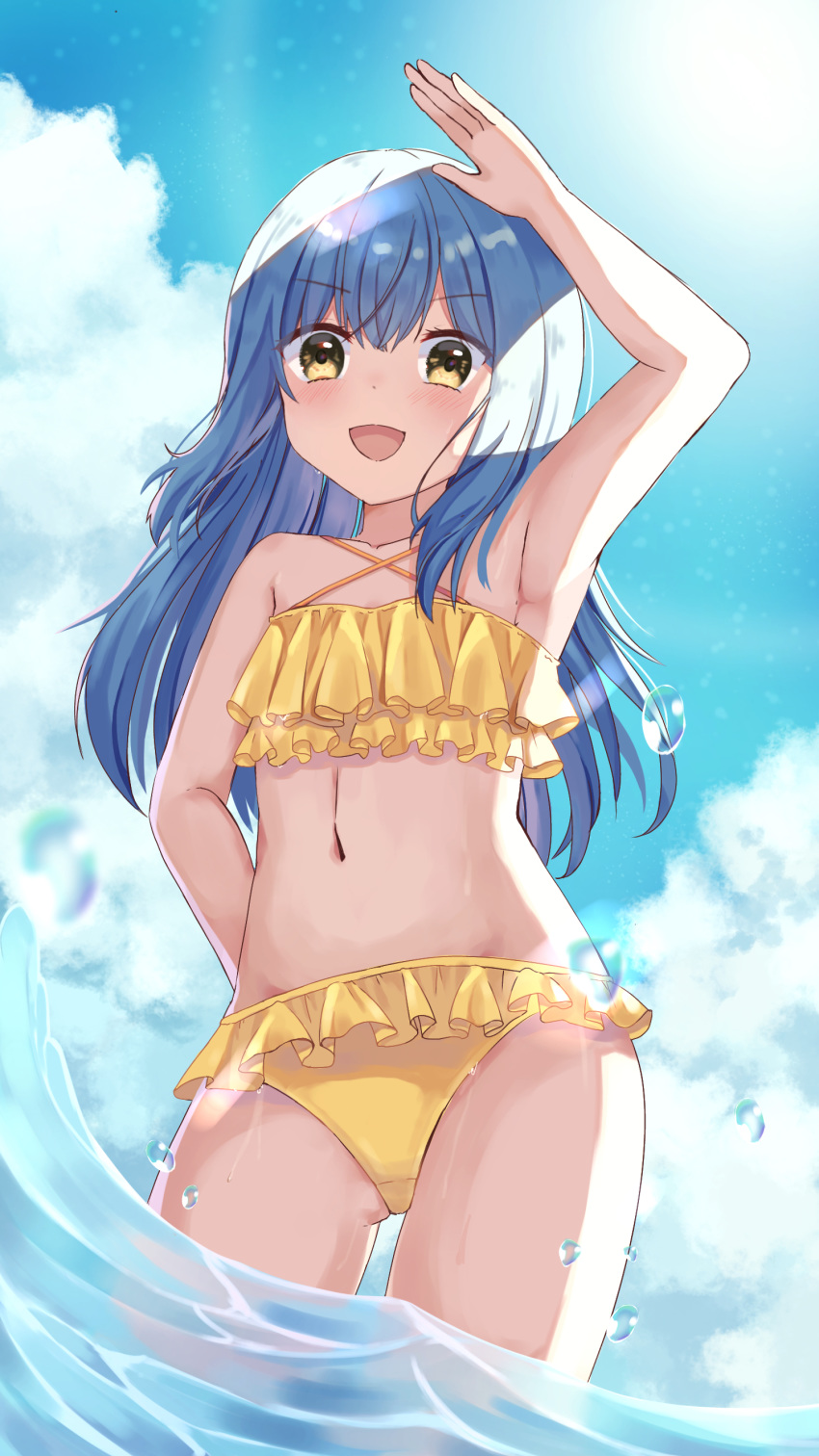 1girl, :d, absurdres, arm_up, armpits, ass_visible_through_thighs, bangs, bikini, blue_hair, blue_sky, clouds, collarbone, cowboy_shot, criss-cross_halter, day, eyebrows_visible_through_hair, flat_chest, frilled_bikini, frills, hair_between_eyes, halterneck, highres, hituji03-24, long_hair, looking_at_viewer, open_mouth, outdoors, rimuru_tempest, shiny, shiny_hair, sky, smile, solo, straight_hair, sun, swimsuit, tensei_shitara_slime_datta_ken, very_long_hair, wading, yellow_bikini, yellow_eyes