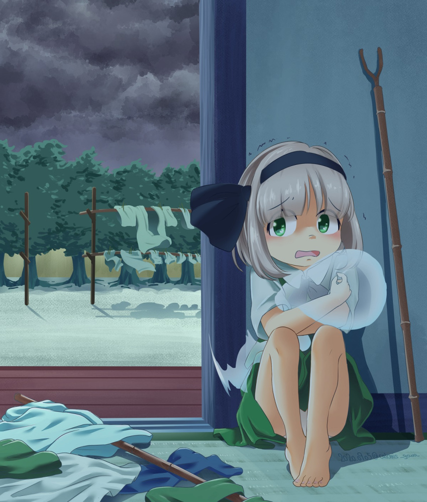 1girl, bangs, barefoot, blunt_bangs, bob_cut, calcmis_gowa, clothes, clothesline