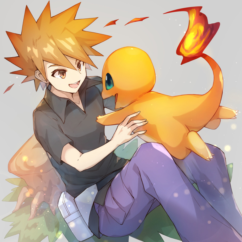 1boy, black_shirt, blue_oak, brown_eyes, charmander, collarbone, collared_shirt, fanny_pack