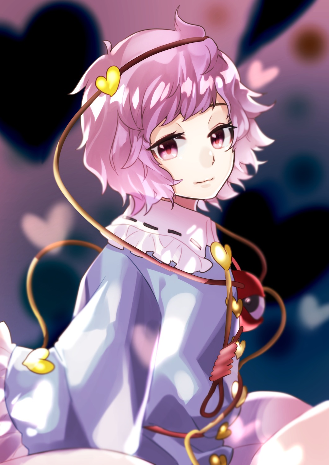 blouse, blue_blouse, buttons, collared_shirt, eyeball, frilled_shirt_collar, frilled_sleeves, frills, hair_ornament, hairband, heart, heart_hair_ornament, highres, komeiji_satori, long_sleeves, looking_at_viewer, meru_(merumumu), pink_skirt, purple_hair, ribbon-trimmed_collar, ribbon_trim, shirt, short_hair, skirt, smile, third_eye, touhou, violet_eyes, wide_sleeves