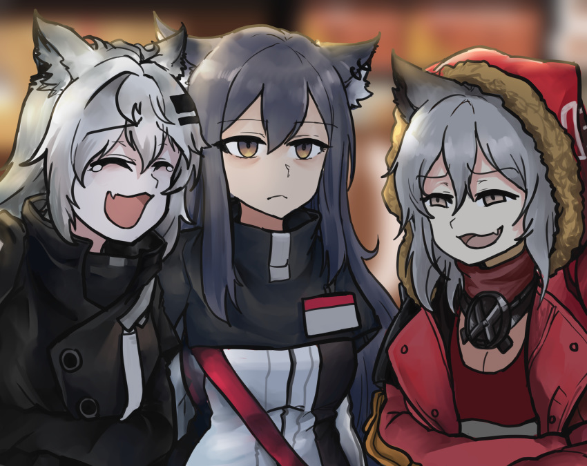 3girls, animal_ears, arknights, black_hair, closed_eyes, ear_piercing, earrings, empty_eyes