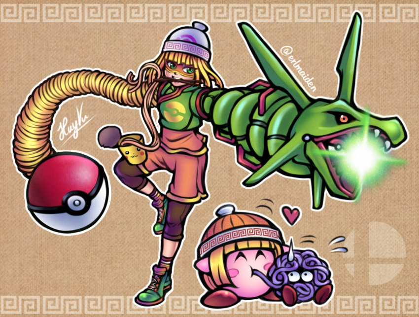 1girl, 1other, arm_cannon, arms_(game), blonde_hair, chopsticks, chopsticks_in_mouth, closed_eyes