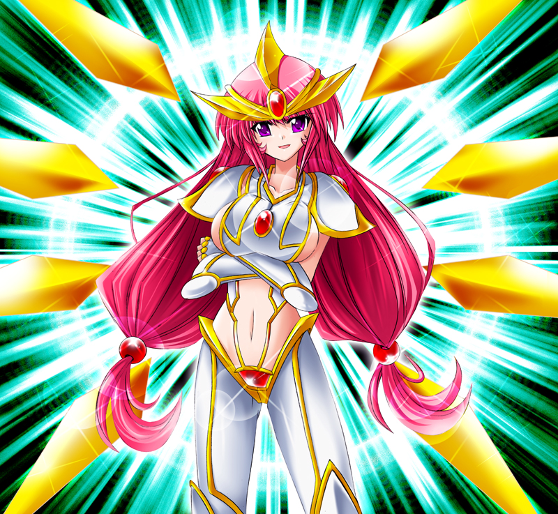 1girl, armor, breasts, bunji, commentary_request, crossed_arms, duel_monster, elemental_hero_the_shining, gem, genderswap, genderswap_(mtf), headgear, large_breasts, long_hair, looking_at_viewer, low-tied_long_hair, navel, open_mouth, redhead, shoulder_armor, sideboob, smile, solo, standing, twintails, very_long_hair, violet_eyes, yuu-gi-ou