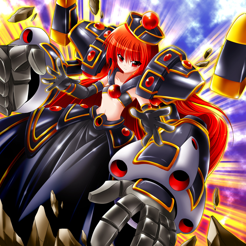 1girl, black_gloves, black_headwear, breasts, bunji, collarbone, commentary_request, duel_monster, elbow_gloves, elemental_hero_gaia, eyebrows_visible_through_hair, genderswap, genderswap_(mtf), gloves, hat, long_hair, looking_at_viewer, navel, open_hands, red_eyes, redhead, rock, small_breasts, solo, under_boob, v-shaped_eyebrows, very_long_hair, yuu-gi-ou
