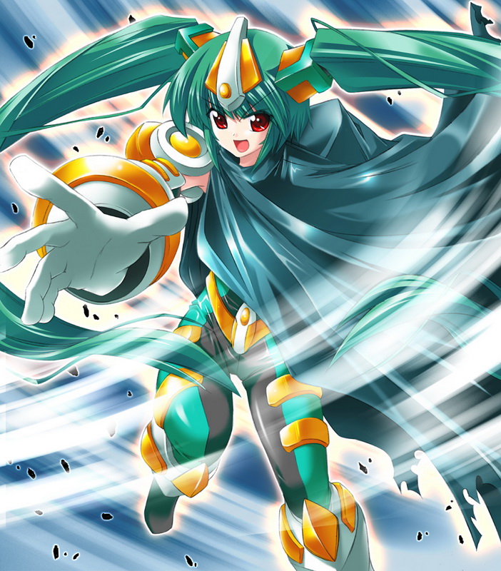 1girl, :d, bodysuit, boots, bunji, cape, commentary, duel_monster, elemental_hero_great_tornado, gauntlets, genderswap, genderswap_(mtf), gloves, green_bodysuit, green_cape, headgear, long_hair, looking_at_viewer, open_hand, open_mouth, red_eyes, smile, solo, twintails, v-shaped_eyebrows, very_long_hair, wind, yuu-gi-ou
