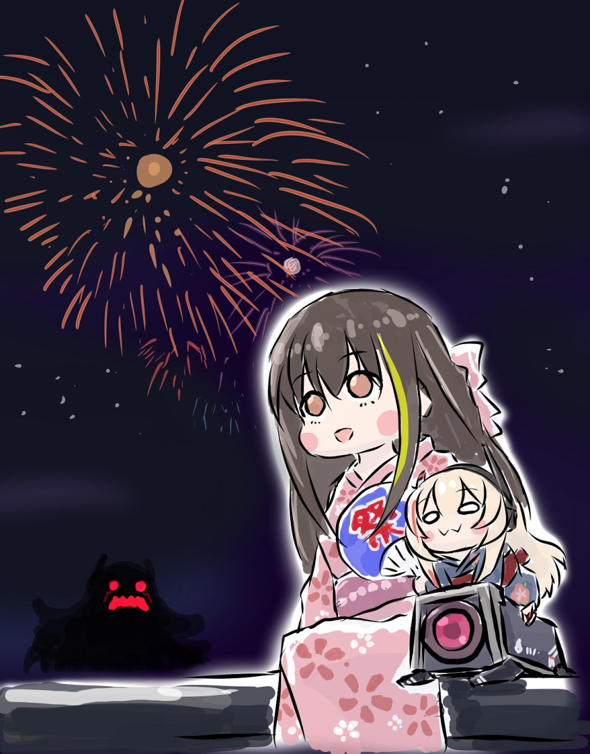 2girls, :3, bangs, blue_kimono, blush_stickers, brown_hair, chibi, chika_(keiin)