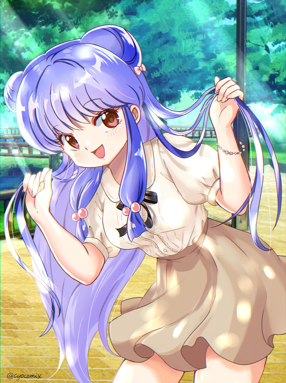 1girl, bangs, black_neckwear, blue_hair, bow, bracelet, brown_skirt, collared_shirt