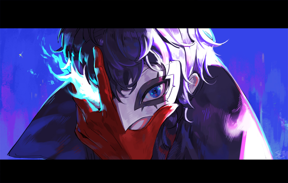 1boy, amamiya_ren, black_hair, blue_eyes, blue_fire, face, fire, gloves