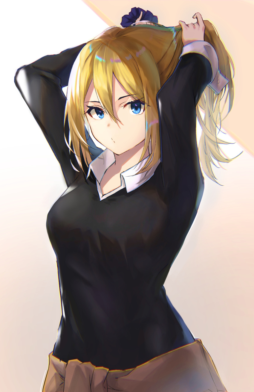 1girl, absurdres, arms_up, black_sweater, blonde_hair, blue_eyes, blue_scrunchie, brown_cardigan, cardigan, cardigan_removed, clothes_around_waist, collared_shirt, eyebrows_visible_through_hair, hair_between_eyes, hair_ornament, hair_scrunchie, hayasaka_ai, highres, kaguya-sama_wa_kokurasetai_~tensai-tachi_no_renai_zunousen~, long_sleeves, looking_at_viewer, motota, scrunchie, shirt, sidelocks, solo, sweater, sweater_around_waist, tying_hair, white_shirt