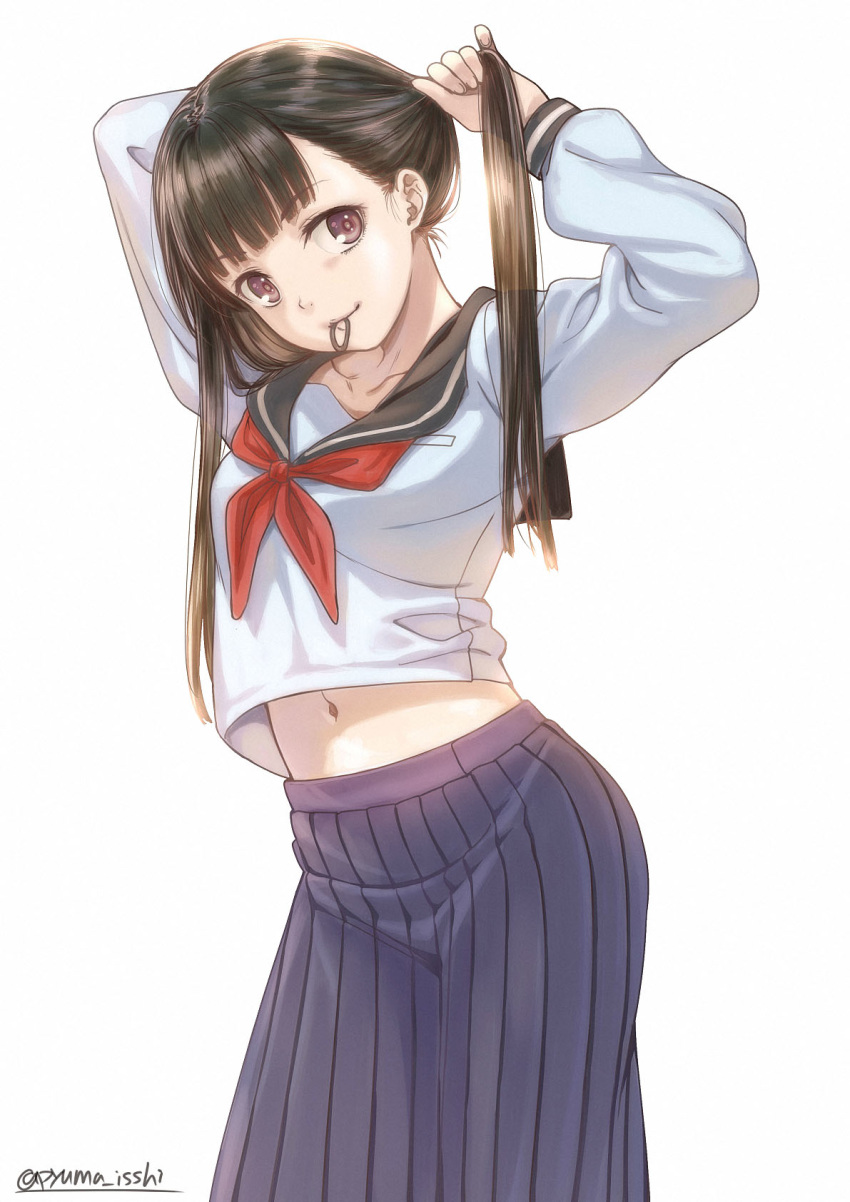 1girl, bangs, black_hair, blunt_bangs, brown_eyes, collarbone, cowboy_shot, eyebrows_visible_through_hair