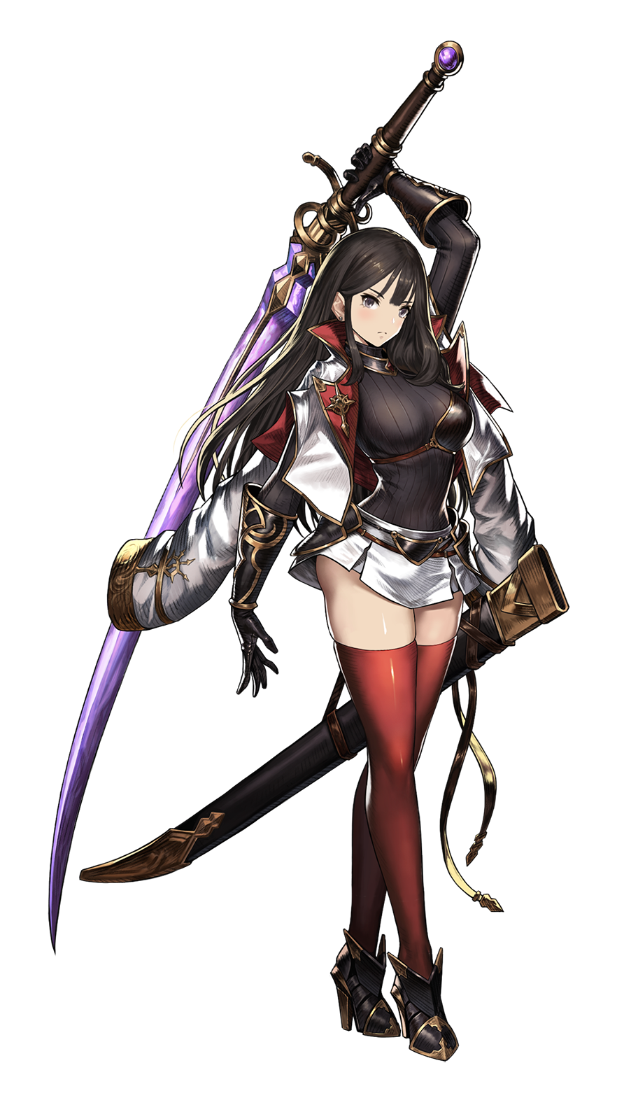 1girl, arm_up, armored_shoes, black_hair, breastplate, breasts, brown_dust, earrings