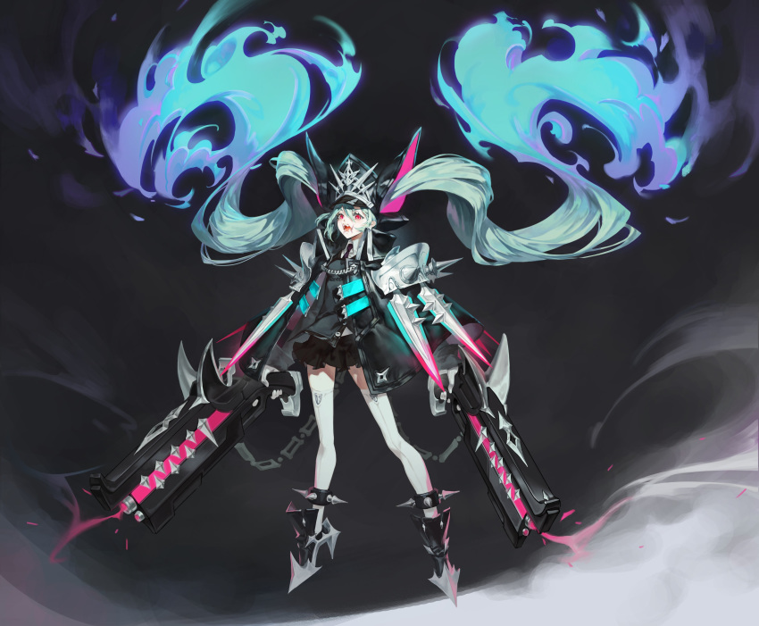 1girl, absurdres, animal_ears, aqua_hair, armor, bell, black_coat, black_headwear, black_skirt, blade, blue_fire, chain, coat, dosol, dual_wielding, fake_animal_ears, fangs, fiery_hair, fire, gloves, gradient, gun, hair_bell, hair_ornament, hat, high_heels, highres, holding, holding_gun, holding_weapon, huge_weapon, long_hair, necktie, open_clothes, open_coat, open_mouth, original, pauldrons, pink_eyes, purple_neckwear, shoulder_armor, skirt, smoke, solo, spikes, thigh-highs, tongue, twintails, very_long_hair, weapon, white_gloves, white_legwear