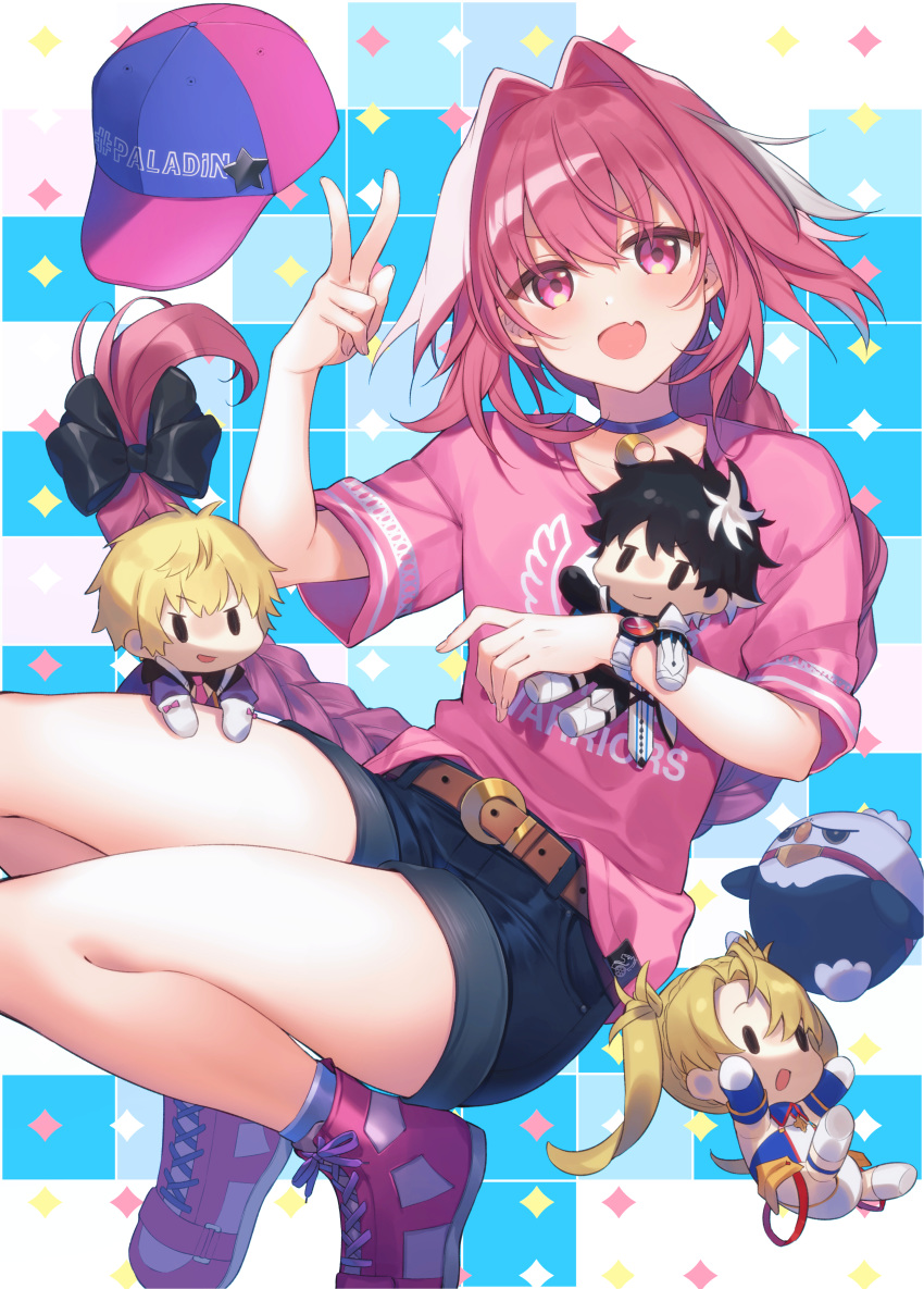 1girl, 3boys, :d, absurdres, astolfo_(fate), bare_legs, baseball_cap, belt, belt_buckle, black_hair, blonde_hair, bradamante_(fate/grand_order), braid, braided_ponytail, buckle, charlemagne_(fate), choker, citron_82, commentary_request, english_text, fang, fate/grand_order, fate_(series), hair_between_eyes, hat, highres, long_hair, looking_at_viewer, multiple_boys, open_mouth, otoko_no_ko, pink_eyes, pink_hair, roland_(fate/grand_order), shoes, short_sleeves, shorts, skin_fang, smile, sneakers, star_(symbol), v, watch